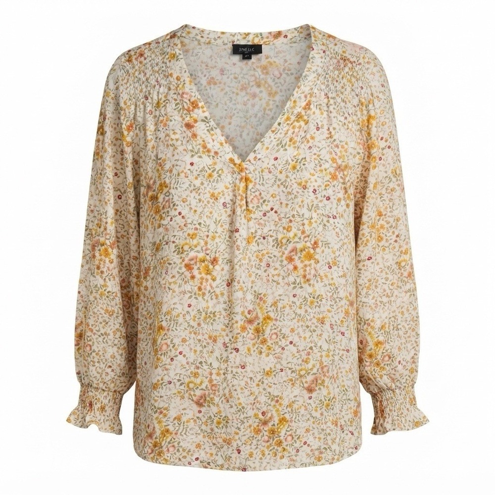 Jones & Co. Women's Plus Size 2X Floral V Neck Smocked Blouse Yellow & Green